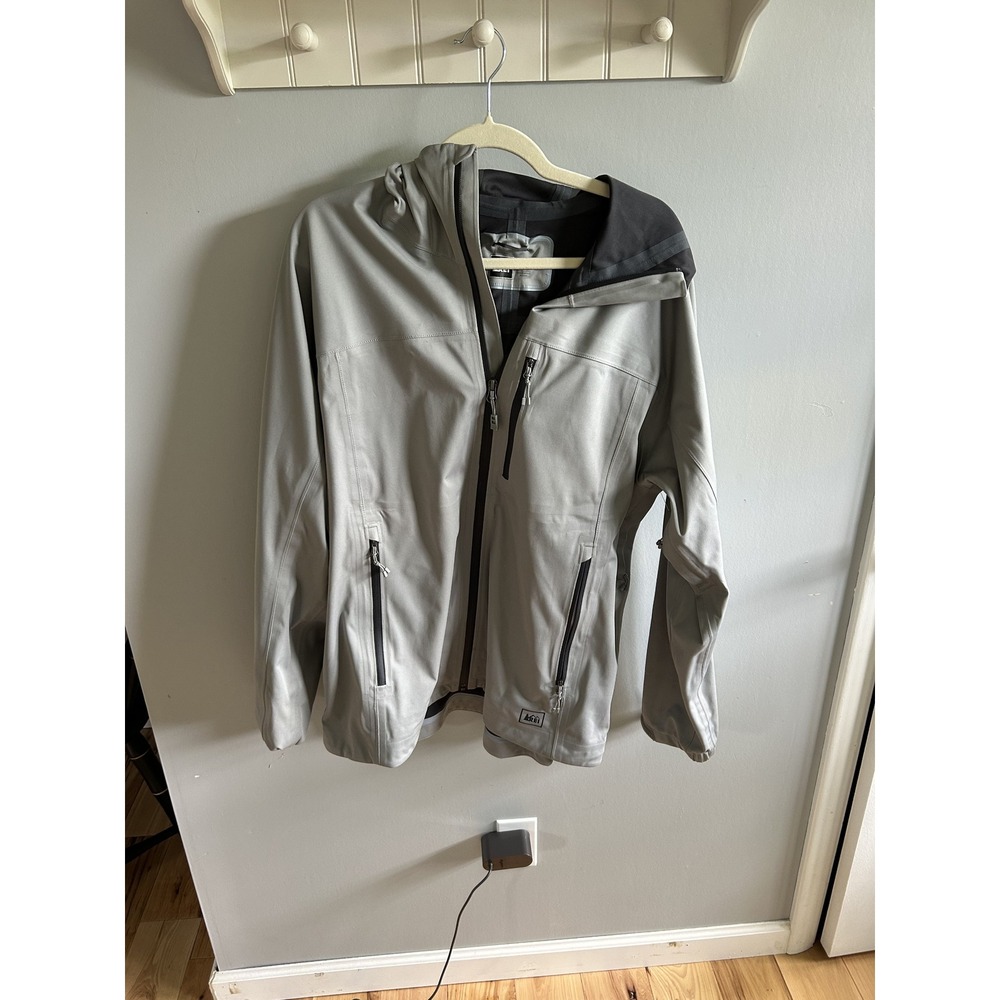 REI Co-op Mens XL Grey Softshell Hooded Jacket Full Zip Outdoor Hiking Coat